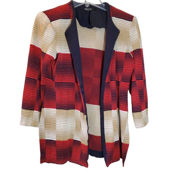 Misook Sweaters - Misook Red Cream Striped Knit Open Front Long Sleeve Cardigan Sweater Size XS